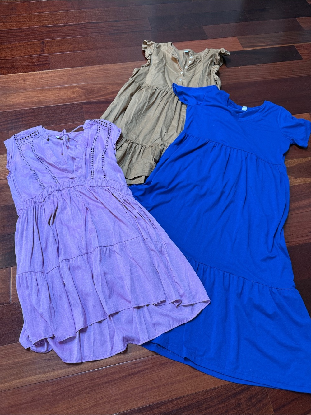 Three XL summer dresses for one low price - Lavender, Royal Blue, and Khaki.